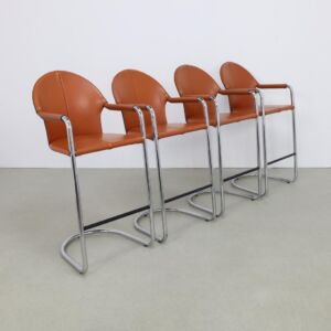 4x Bar Stool in Saddle Leather and Chrome, 1980s