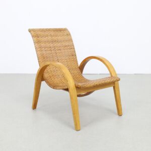 Rare Armchair in Wood and Rattan, 1960s