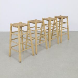 4x Barstool Wood and Cane 1970s
