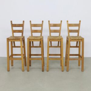 4x Vintage Barstool in Wood and Wicker, 1970s