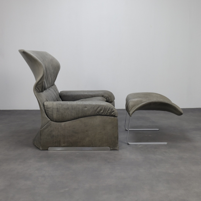 Vela Alta Leather Lounge Chair and Ottoman by Giovanni Offredi for Saporiti, Italy, 1970s