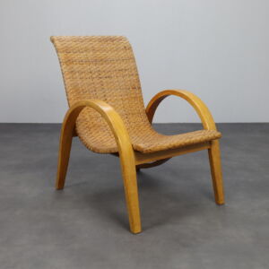 Rare Armchair in Wood and Woven Rattan, 1960s