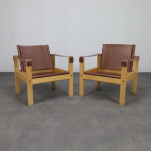 Set of 2 Lounge Chairs in Teak and Saddle Leather by Karl Heinz Bergmiller for Escriba, Brazil, 1970s