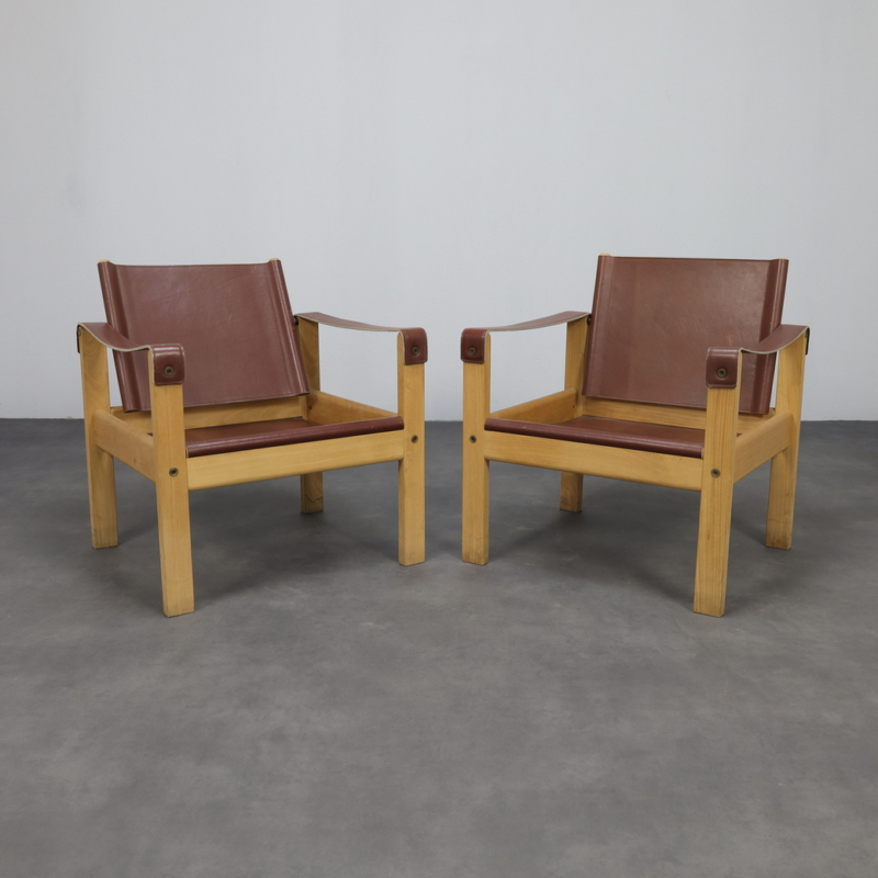 Set of 2 Lounge Chairs in Teak and Saddle Leather by Karl Heinz Bergmiller for Escriba, Brazil, 1970s