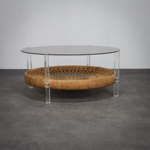 Vintage Round Coffee Table with Rattan Basket (1970s)