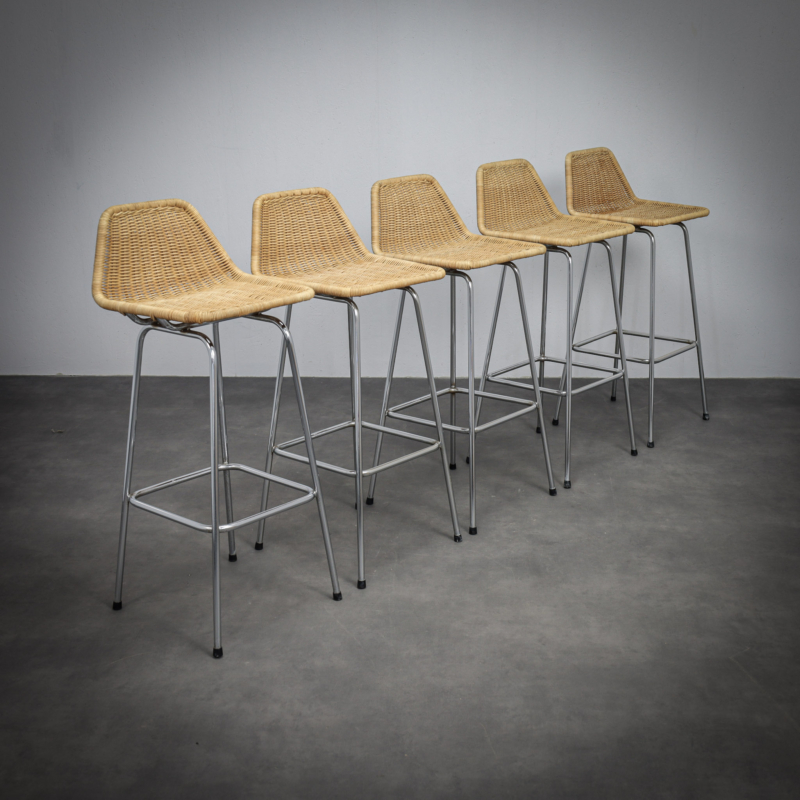 Set of 5 Rattan Bar Stools by Rohé Noordwolde, Netherlands, 1960s
