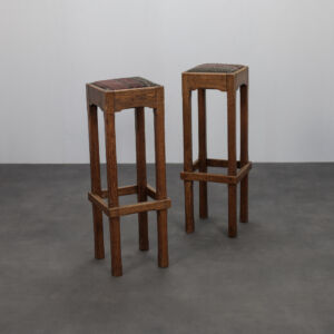 Pair of Dutch Art Deco Oak Bar Stools with Upholstered Seats, 1930s