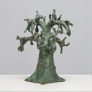 Patinated Bronze Baobab Tree Sculpture with Birds, Signed TM, 1980s
