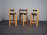 Set of 3 Architectural Wood and Leather Bar Stools, 1990s