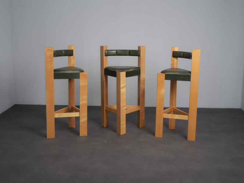 Set of 3 Architectural Wood and Leather Bar Stools, 1990s