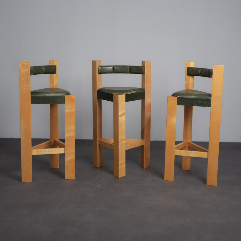 Set of 3 Architectural Wood and Leather Bar Stools, 1990s