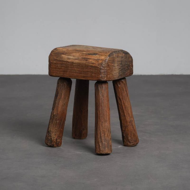 Robust Primitive Solid Wood Stool, Europe, 1970s